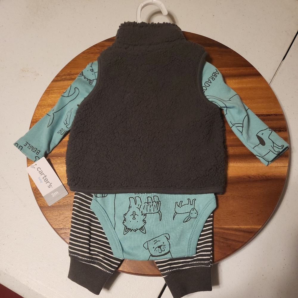 Brand New NWT Carter's Baby Full Outfit Dog Onesie Stripe Leggings Fuzzy  Vest - Picture 5 of 5